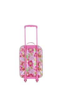 Maleta de ruedas rosa con un patrón floral, que cuenta con un mango retráctil y cuatro ruedas para facilitar la movilidad. Construcción de plástico liviano.
