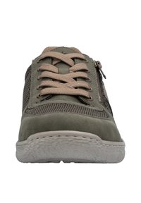 Green sneaker with beige laces and zipper detail, featuring a mix of suede and mesh materials, textured rubber sole. Rounded toe design.