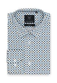 Koszula slim fit w białym materiale z niebieskim, zielonym i czarnym wzorem kwiatowym. Posiada kołnierz rozłożysty oraz mankiety na guziki.