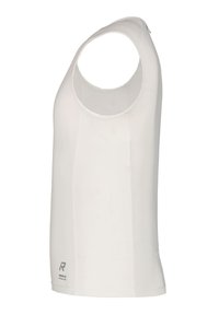 Hvid ærmeløs sports tanktop lavet af åndbart stof, med rund halsudskæring og strukturerede sidedele.