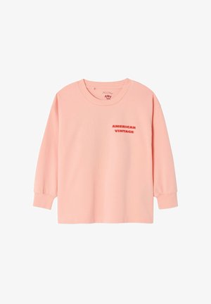 Roza bombažna majica z dolgimi rokavi in okrolim vratom. Na sprednji strani rdeč napis "AMERICAN VINTAGE". Preprost in neopazen dizajn.