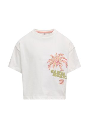 Chemise blanche à manches courtes avec un motif multicolore de palmier et un texte vert indiquant « Santa Monica » sur le côté droit devant.
