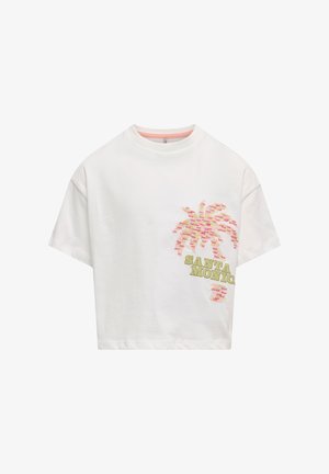 Chemise blanche à manches courtes avec un motif multicolore de palmier et un texte vert indiquant « Santa Monica » sur le côté droit devant.