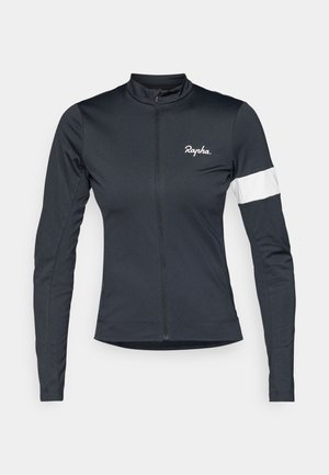 Tricou de ciclism cu mânecă lungă, negru, cu fermoar în față, textură moale, detaliu alb pe mânecă și logo-ul "Rapha" în alb pe piept.