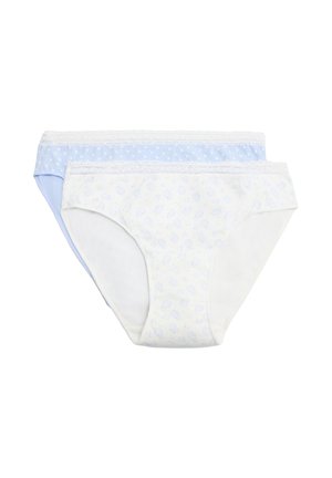 Dos pares de calzoncillos de algodón para mujer con borde de encaje, uno azul claro con puntos blancos y otro blanco con un sutil estampado floral azul.