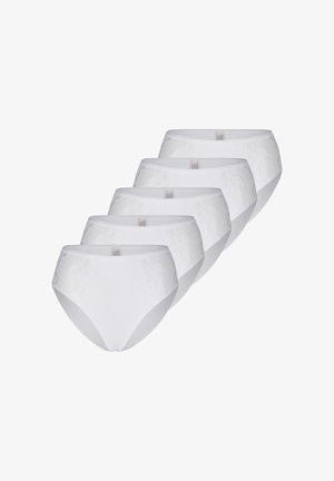 Fünf weiße High-Waist-Slips mit dezenten floralen Spitzendetails auf der Vorderseite, in einer gestaffelten, überlappenden Reihe auf weißem Hintergrund angeordnet.