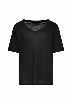 T-shirt noir à manches courtes avec col en V et coupe décontractée sur fond blanc.