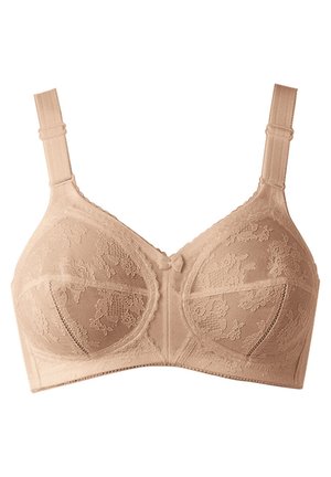Beige kanten bh met getextureerde bloemenpatronen, driedelige cups voor ondersteuning, verstelbare bandjes en een kleine strikaccent in het midden.