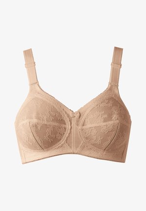 Bež pitsiga rinnahoidja tekstuursete lillemustritega, kolmest osast tassi toetuseks, reguleeritavad rihmad ja keskel väike pael.