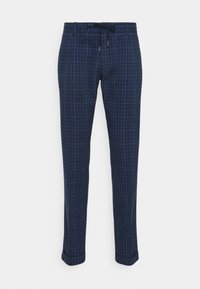 Námořnické modré kalhoty s kostkovaným vzorem, s páskem na stažení, rovného střihu a jemnou strukturou. Obsahují tenký světle modrý mřížkovaný vzor.