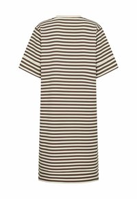 Brown and cream striped t-shirt dress with short sleeves and a round neckline. The fabric is smooth with a soft texture.