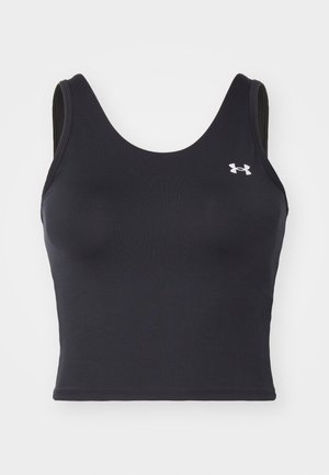 Musta hihaton urheilullinen crop-top-paita, jossa on pyöreä pääntie ja pieni valkoinen Under Armour -logo vasemmassa rinnassa.