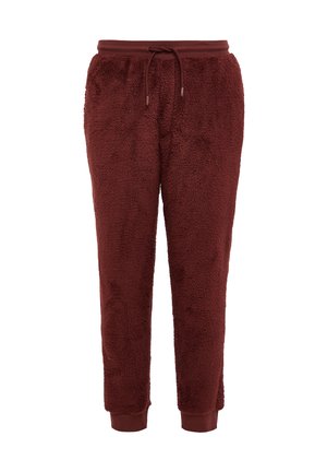 Burgunderfarbene Fleece-Jogginghosen mit einer weichen, strukturierten Oberfläche, einem elastischen Bund, einer Kordelzugdekoration und gerippten Bündchen am Knöchel.
