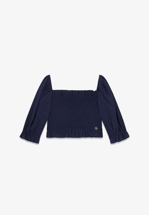 Granatowy, długi crop top z długim rękawem, z marszczonym stanikiem, kwadratowym dekoltem, bufkami na rękawach i falbanianymi mankietami, ozdobiony małym, okrągłym metalowym logo.