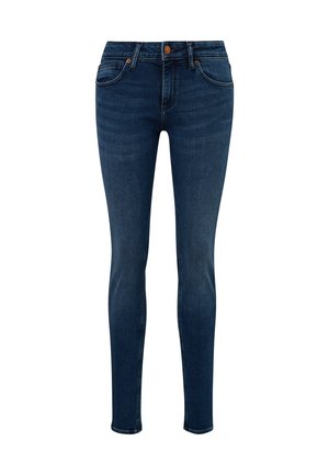 Dunkelblaue, schlanke Jeans aus Denim mit Vordertaschen, Gürtelschlaufen und Knopfverschluss, dargestellt vor weißem Hintergrund.