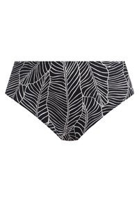 Černé bikini kalhotky s bílým vzorem listů, hladkým povrchem a středním pasem, poskytující plné zakrytí.