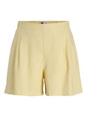 Shorts taille haute jaune clair avec plis devant et ceinture élastique, confectionnés dans un tissu doux et léger.