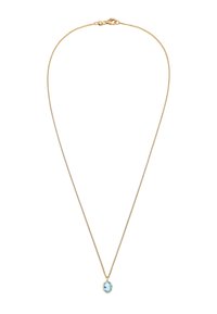 Goudkleurige metalen ketting met een fijne ketting, voorzien van een ovale blauwe hanger omgeven door een delicaat montuur.