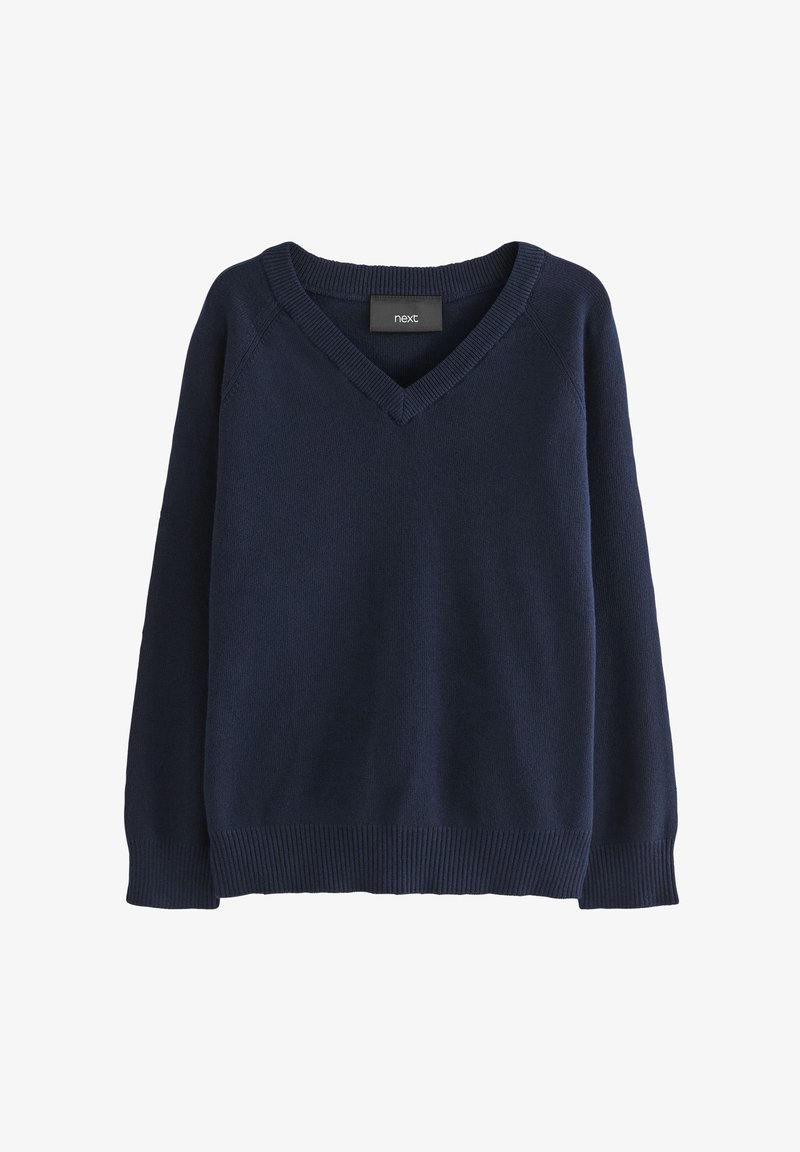 Pull bleu marine à col en V avec manches longues, poignets, ourlet et encolure côtelés, tissu tricoté uni, et une petite étiquette de marque noire à l'intérieur.