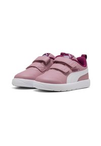 Rosa synthetische Sneakers mit weißen Akzenten, doppelten Klettverschlüssen, abgerundeter Zehenpartie, strukturiertem Obermaterial und Gummisohle. Geeignet für die Freizeit.