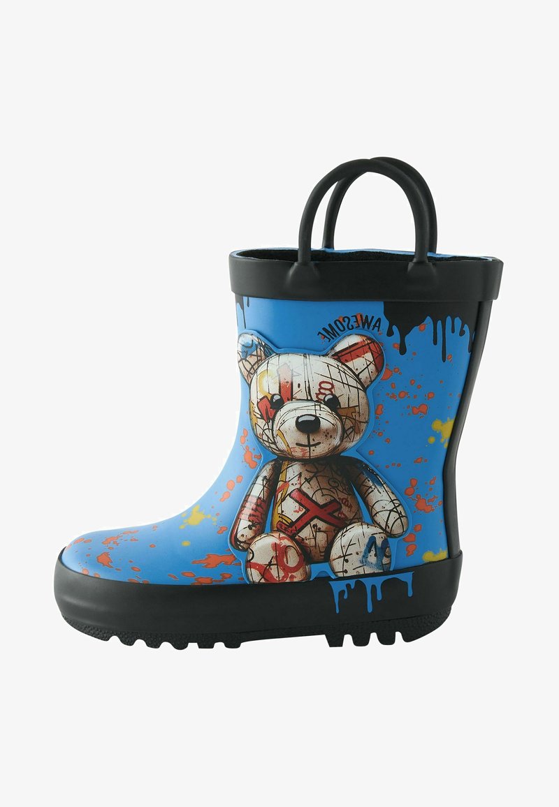 Botte de pluie en caoutchouc bleue avec un design d'ours et des éclaboussures colorées. Semelle noire, grip texturé et deux poignées pour un enfilage facile.