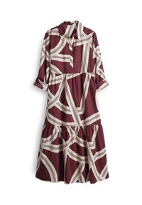 Robe à manches longues avec col, motif géométrique bordeaux et beige, taille froncée et jupe évasée à volants, manches retroussées jusqu'aux coudes.