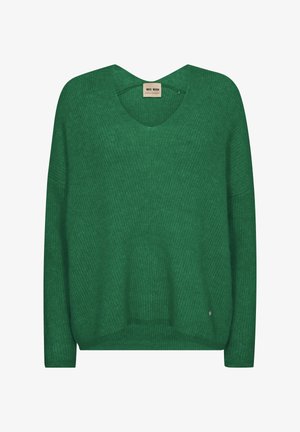 Grön stickad tröja med V-ringning, lös passform och långa ärmar. Påtaglig textur och subtil ribbad mönster. Liten logotypdetalj.