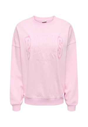 Sudadera rosa con la palabra "PARÍS" en letras en relieve y "Avec Amour 1986" abajo. Mezcla de algodón, corte relajado, puños y dobladillo acanalados.