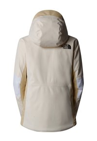 Giacca impermeabile beige con cappuccio. Le caratteristiche includono dettagli a colori assortiti in beige chiaro e bianco, e un logo sulla parte superiore della schiena.