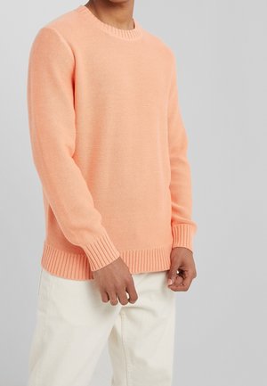 Uomo che indossa un maglione di lana color pesca chiaro con polsini e orlo a coste, abbinato a pantaloni panna, in piedi davanti a uno sfondo grigio.