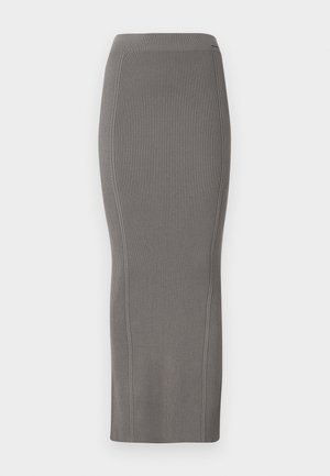 Hall tõmblukuga hall ribakujuline pükste seelik, millel on kõrge vöökoht, sile tekstuur, põlvepikkune disain ja keha lähedane siluett.