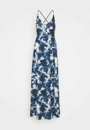 Ärmelloses langes Kleid mit blau-weißem Batikmuster, V-Ausschnitt und dünnen, sich kreuzenden Trägern am Rücken.