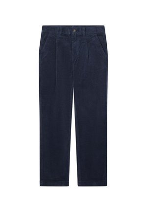 Marineblauwe corduroy broek met rechte pijpen, voorzien van twee steekzakken, een knoopsluiting en een stoffen textuur met verticale ribben.