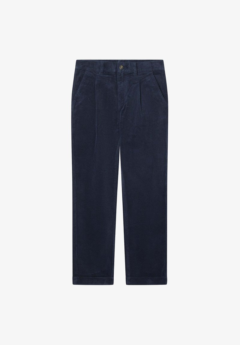 Tamno plave korduroy hlače ravnog kroja, s dva prednja džepa, zatvaranjem na gumb i teksturiranom tkaninom s vertikalnim rebrima.