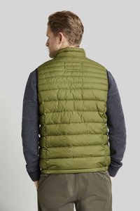 Olivgrüne Steppweste mit gestepptem Design, hohem Kragen und grauen Strickärmeln. Verfügt über einen Reißverschluss und ein leichtes, isolierendes Material.