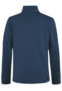 Veste bleu marine à manches longues avec un col montant, vue de dos, avec une petite étiquette noire près de l'ourlet.