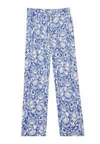 Blauwe en witte wijde broek met een bloemig patroon, voorzien van een elastische tailleband met een strikdetail aan de voorkant. Geweven stof.