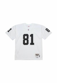 Weißes NFL-Throwback-Trikot mit schwarzer Nummer 81 auf der Vorderseite und den Ärmeln, ausgestattet mit einem Aufnäher mit der Aufschrift "1994 Tim Brown" am unteren Ende.