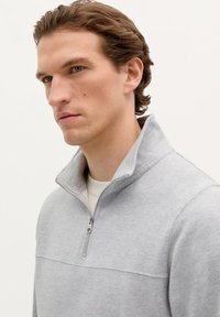 Grijze sweatshirt met ritssluiting en hoge kraag, met een gladde textuur en subtiele stiksels over de borst.