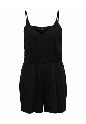 Black sleeveless romper with spaghetti straps, V-neckline, elastic waistband, and loose-fitting shorts.