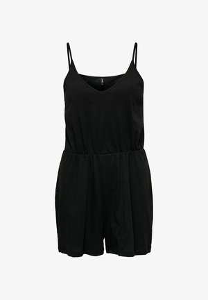 Schwarzer ärmelloser Einteiler mit Spaghettiträgern, V-Ausschnitt, elastischem Bund und locker sitzenden Shorts.