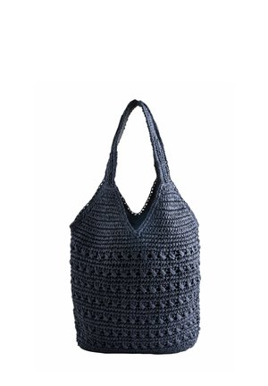 Dark blue crochet tote bag with wide handles and openwork pattern, displayed against a white background.
