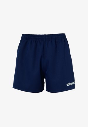 Marineblå shorts lavet af let materiale, med en elastisk talje og den hvide logo "uhlsport" nederst til højre.
