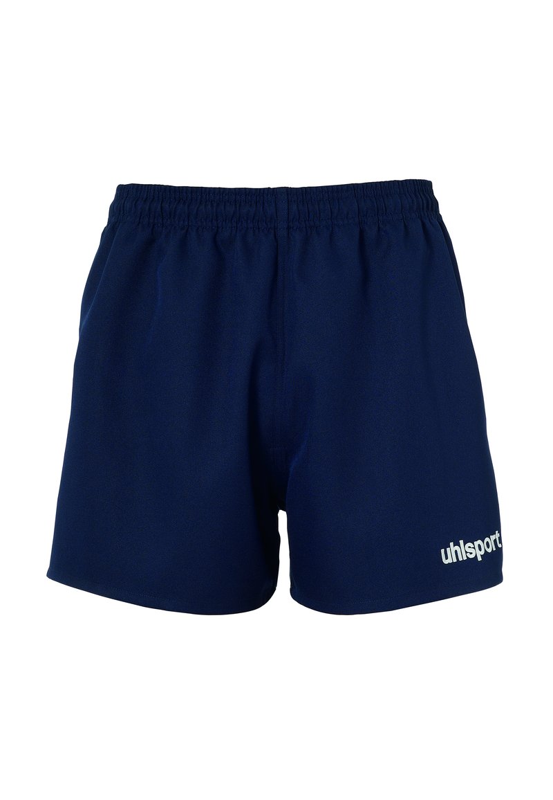 Marineblauwe shorts van lichtgewicht stof, met een elastische tailleband en het witte logo "uhlsport" rechts onderaan.