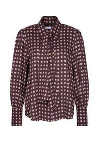 Dunkellila Bluse mit Kragen, mit cremefarbenen quadratischen Mustern. Lange Ärmel mit gerafften Bündchen und einem vorderen Bindedetail. Seidige Textur.