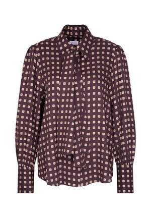 Dunkellila Bluse mit Kragen, mit cremefarbenen quadratischen Mustern. Lange Ärmel mit gerafften Bündchen und einem vorderen Bindedetail. Seidige Textur.