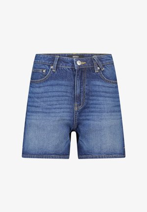 Short en jean bleu avec bouton et fermeture éclair à l'avant, passants pour ceinture, et design classique à cinq poches.