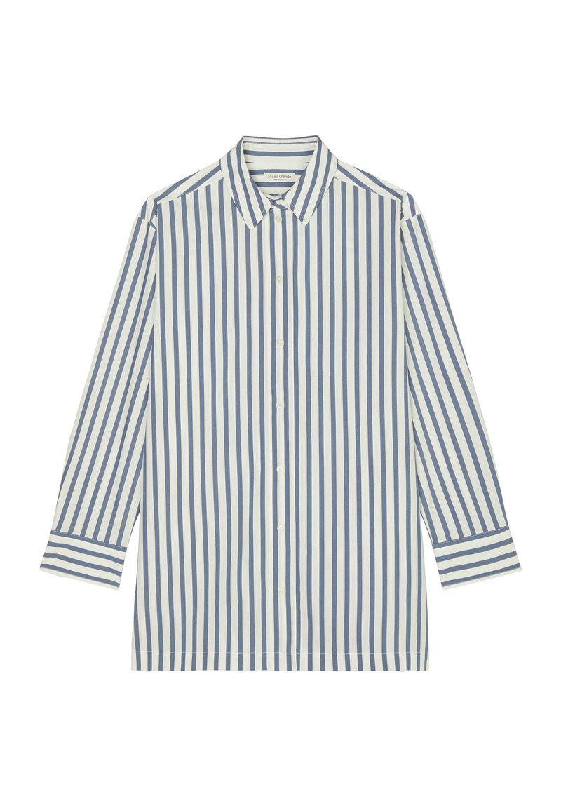 Chemise à manches longues à boutons avec rayures verticales bleues et blanches et col pointu, présentée à plat sur un fond blanc.