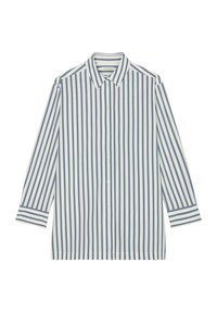 Lightweight button-up shirt with blue and white vertical stripes, a classic collar, and long sleeves with cuff accents.