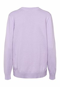 Pull violet clair à col rond, manches longues, poignets et bas côtelés, présenté de dos sur fond blanc.